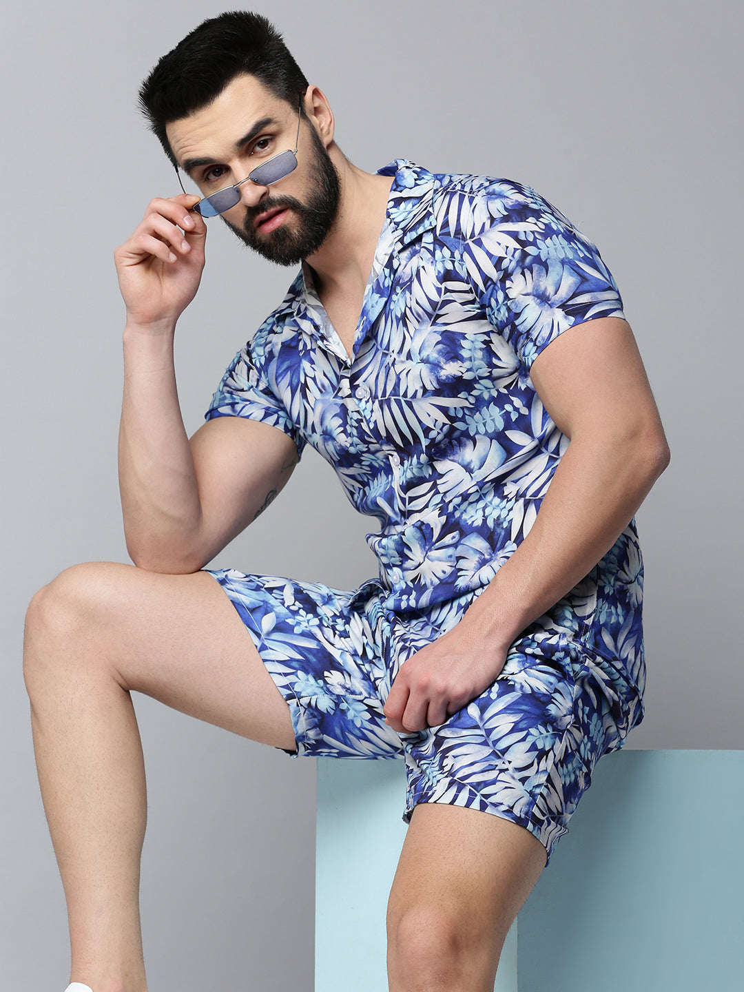 Men Blue Printed Casual Co-Ord Set