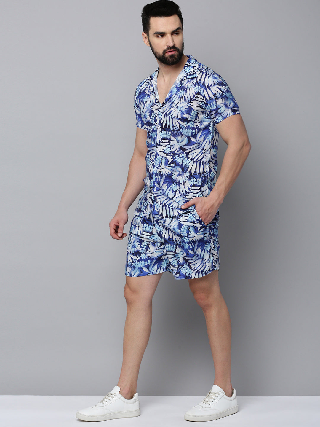 Men Blue Printed Casual Co-Ord Set