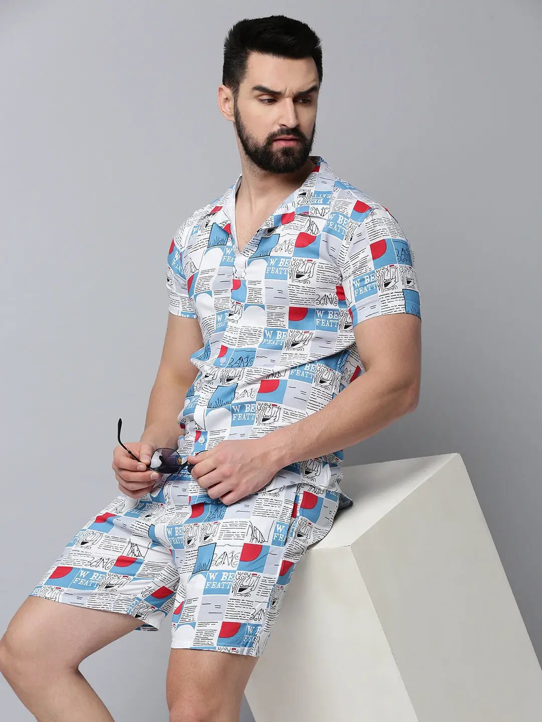 Men's White Printed Casual Co-Ords Set