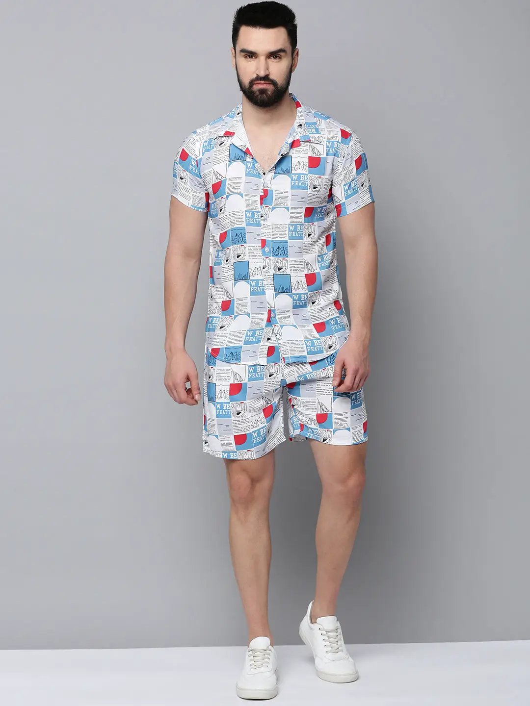 Men's White Printed Casual Co-Ords Set