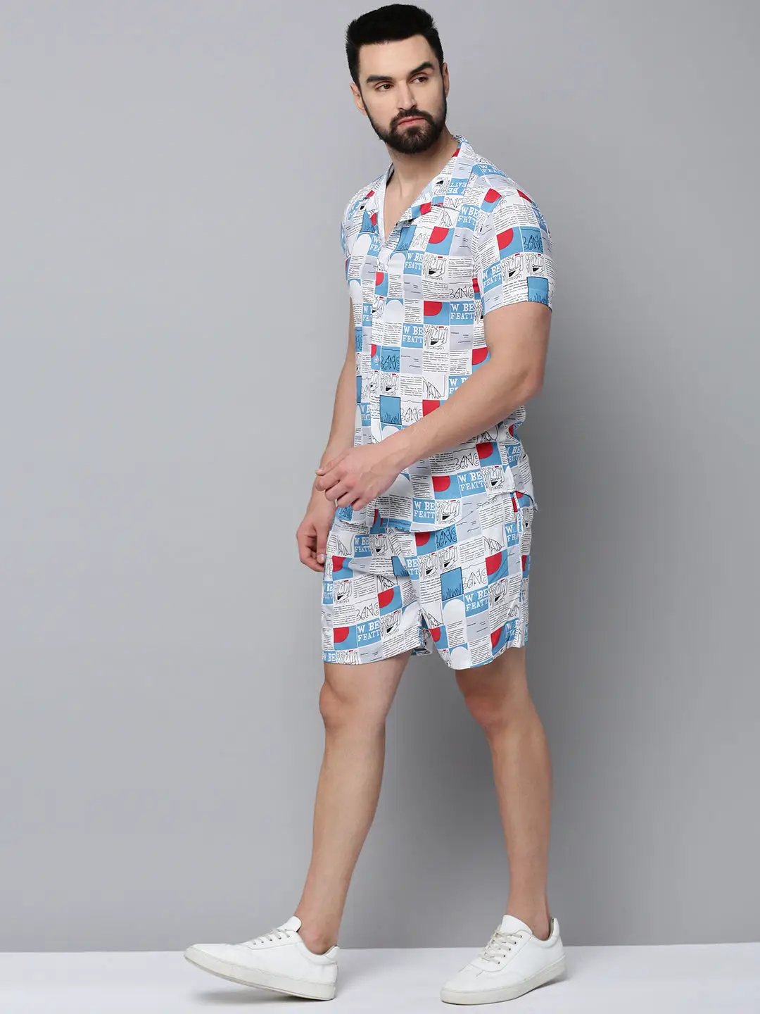 Men's White Printed Casual Co-Ords Set