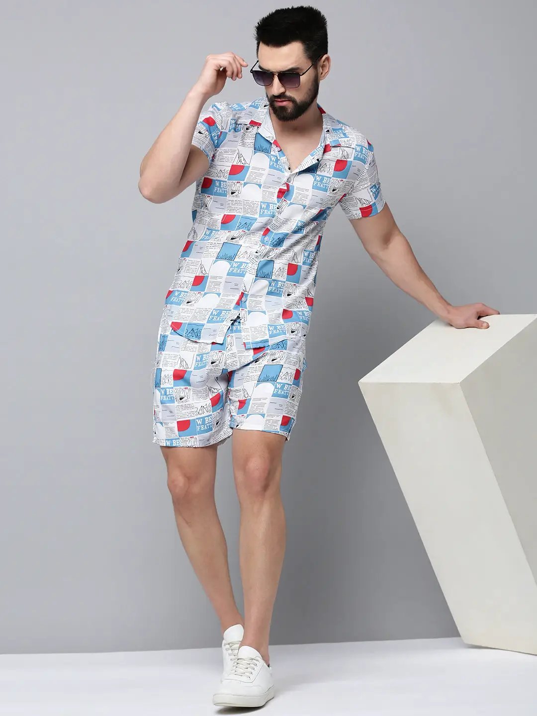 Men's White Printed Casual Co-Ords Set