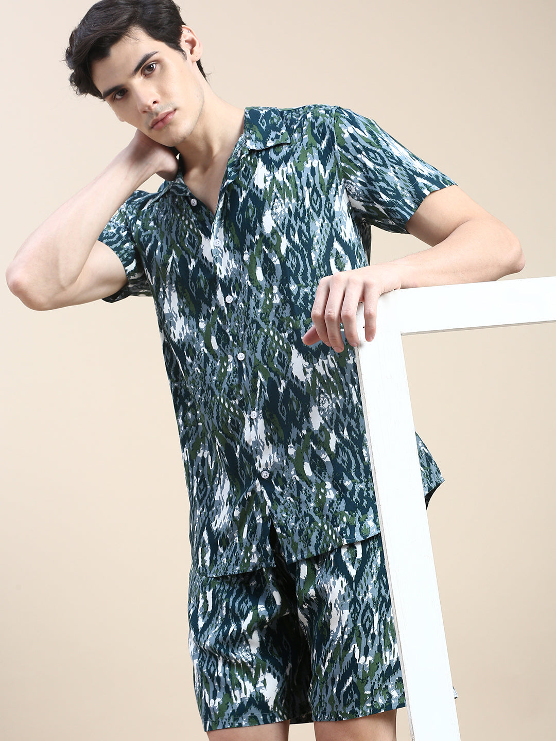 Men Teal Printed Casual Co ord Set