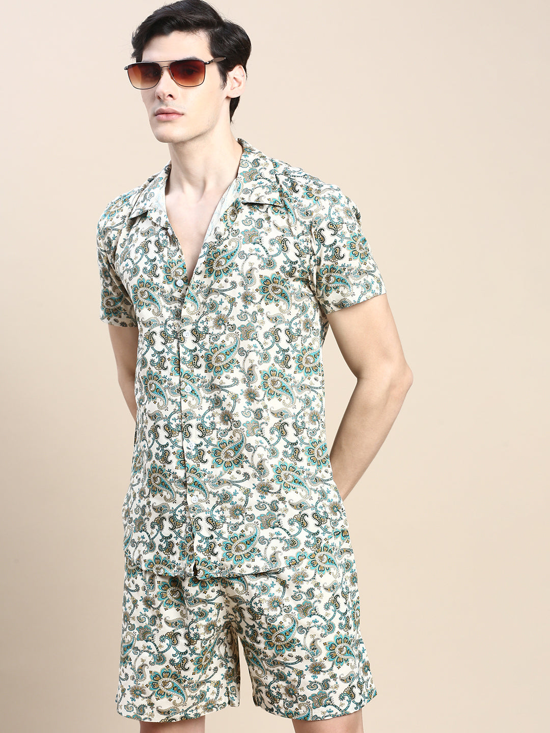 Men Beige Printed Casual Co ord Set