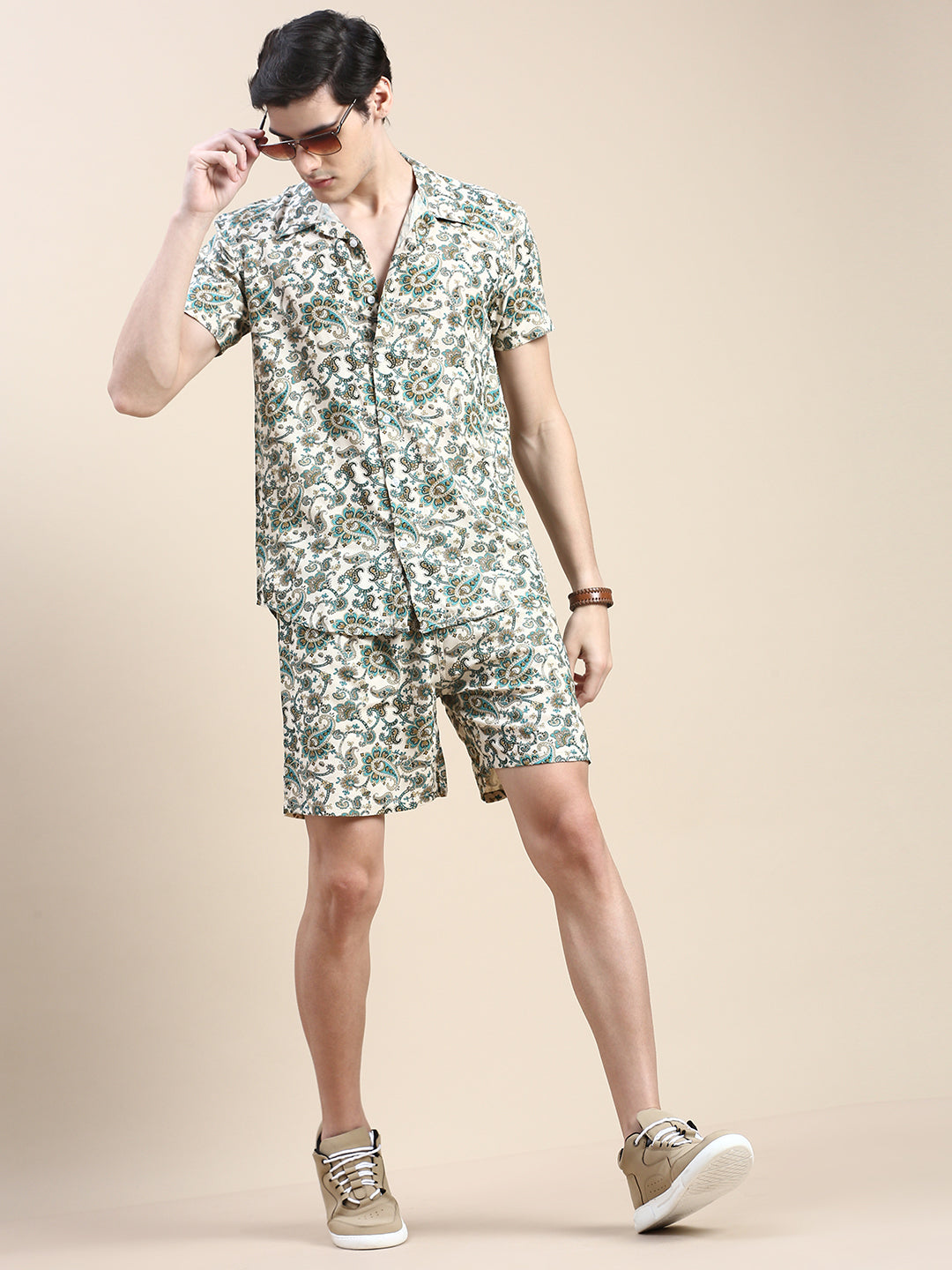 Men Beige Printed Casual Co ord Set