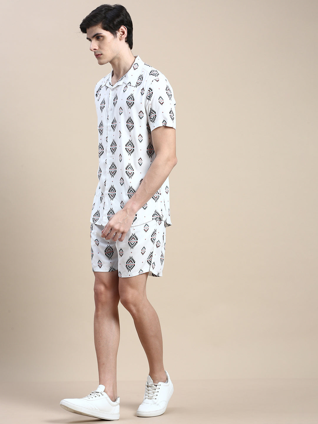 Men White Printed Casual Co ord Set