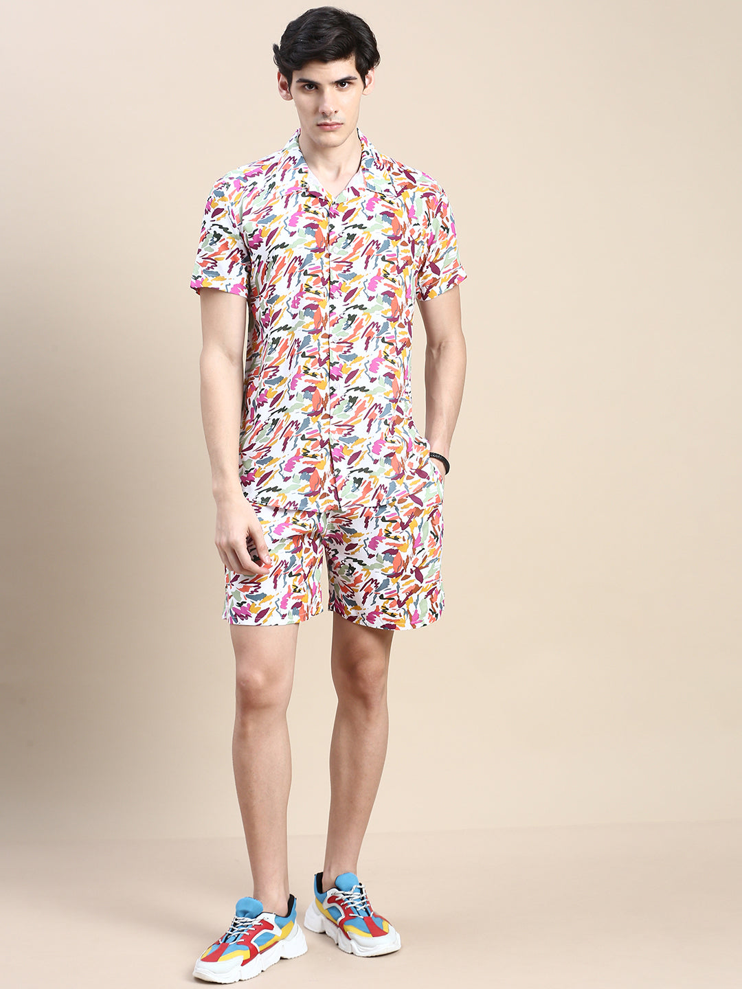 Men White Printed Casual Co ord Set