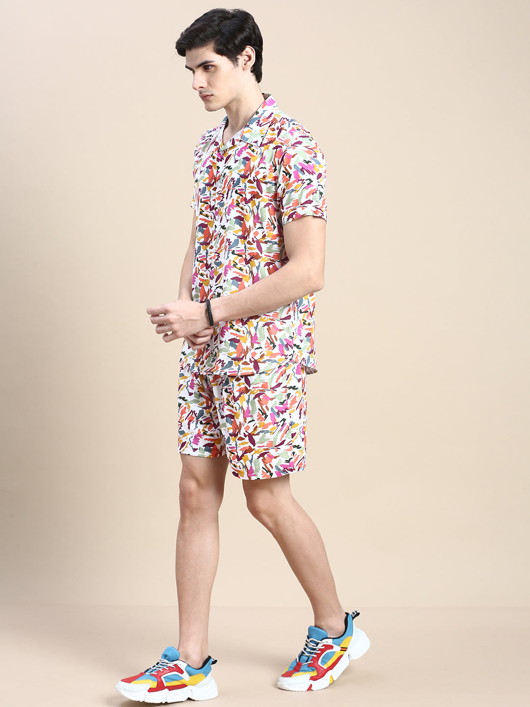 Men White Printed Casual Co ord Set