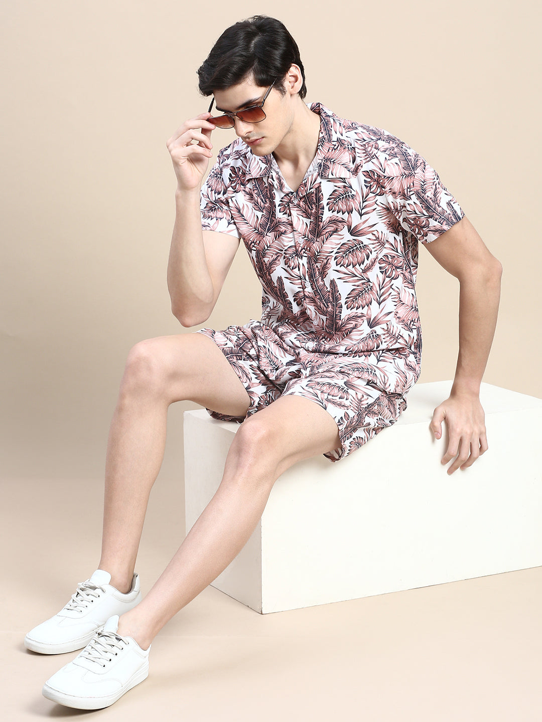 Men White Printed Casual Co ord Set