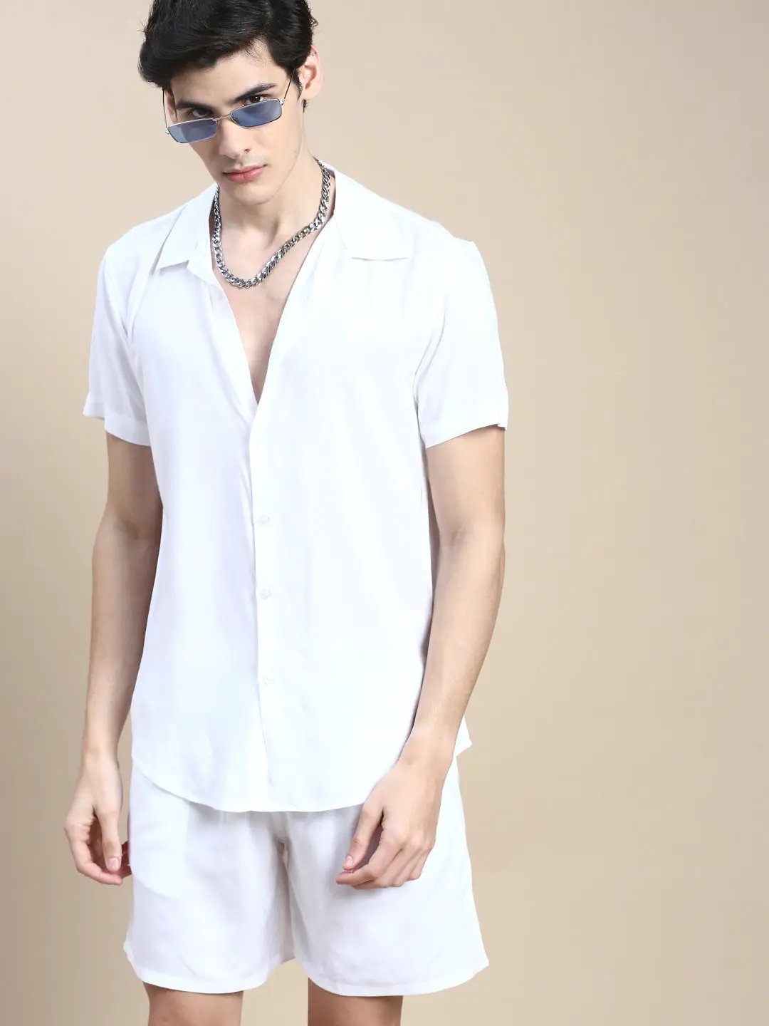 Men's White Solid Casual Co-Ords Set