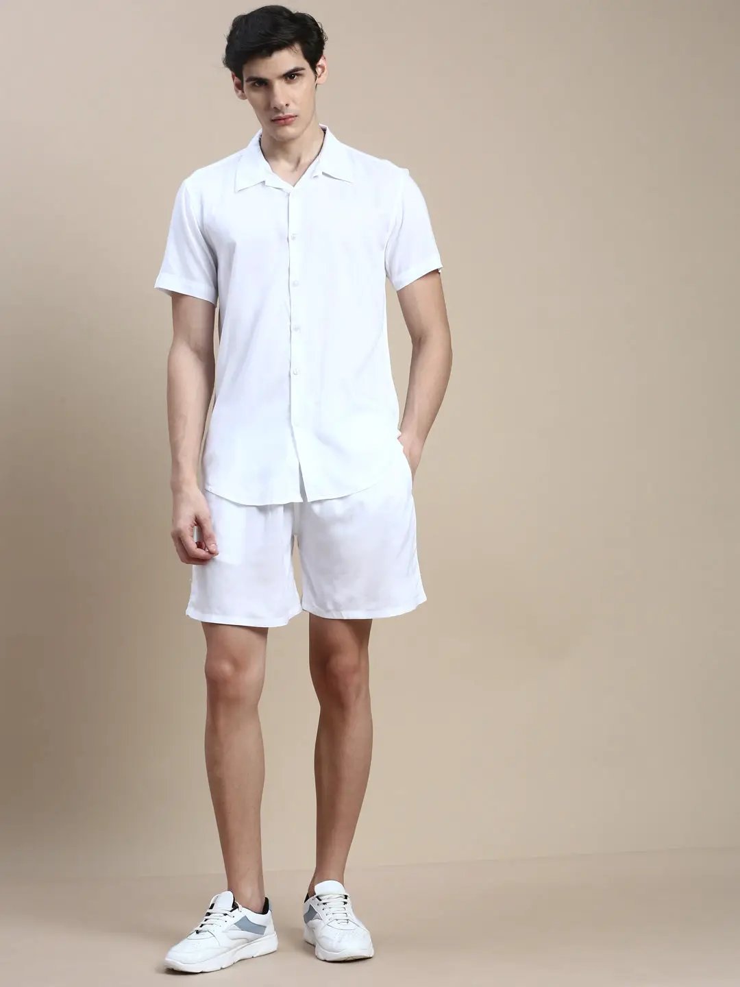 Men's White Solid Casual Co-Ords Set