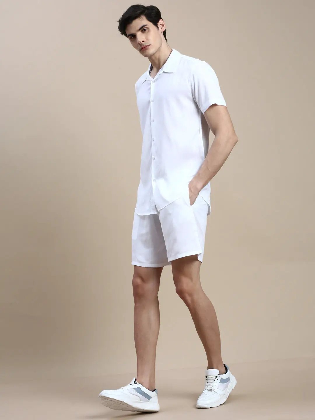 Men's White Solid Casual Co-Ords Set