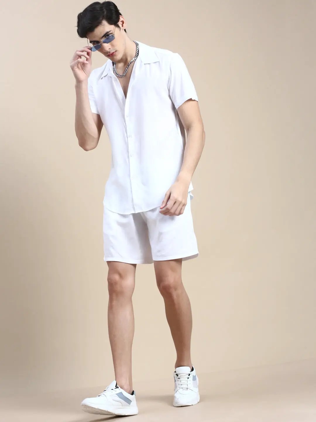 Men's White Solid Casual Co-Ords Set