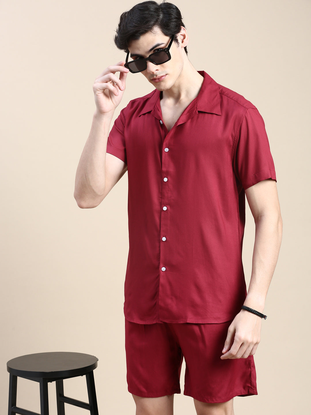 Men Burgundy Solid Casual Co ord Set