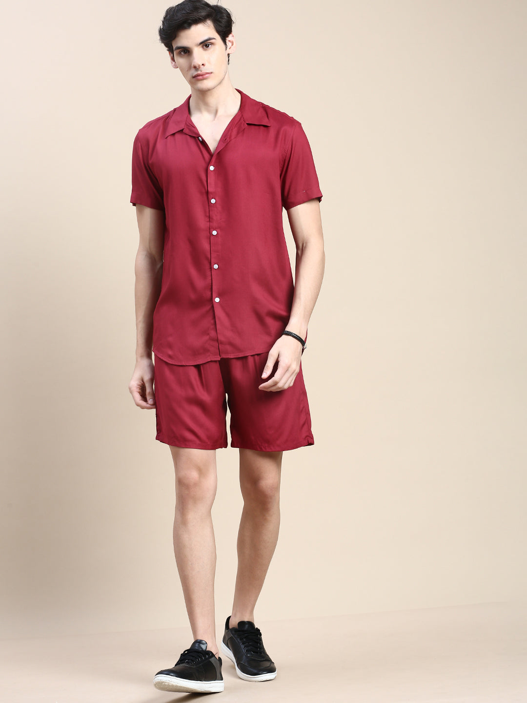 Men Burgundy Solid Casual Co ord Set