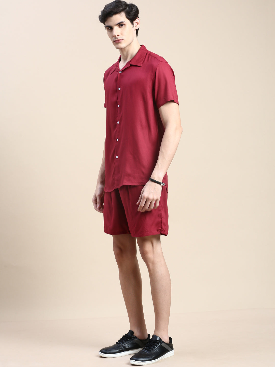 Men Burgundy Solid Casual Co ord Set