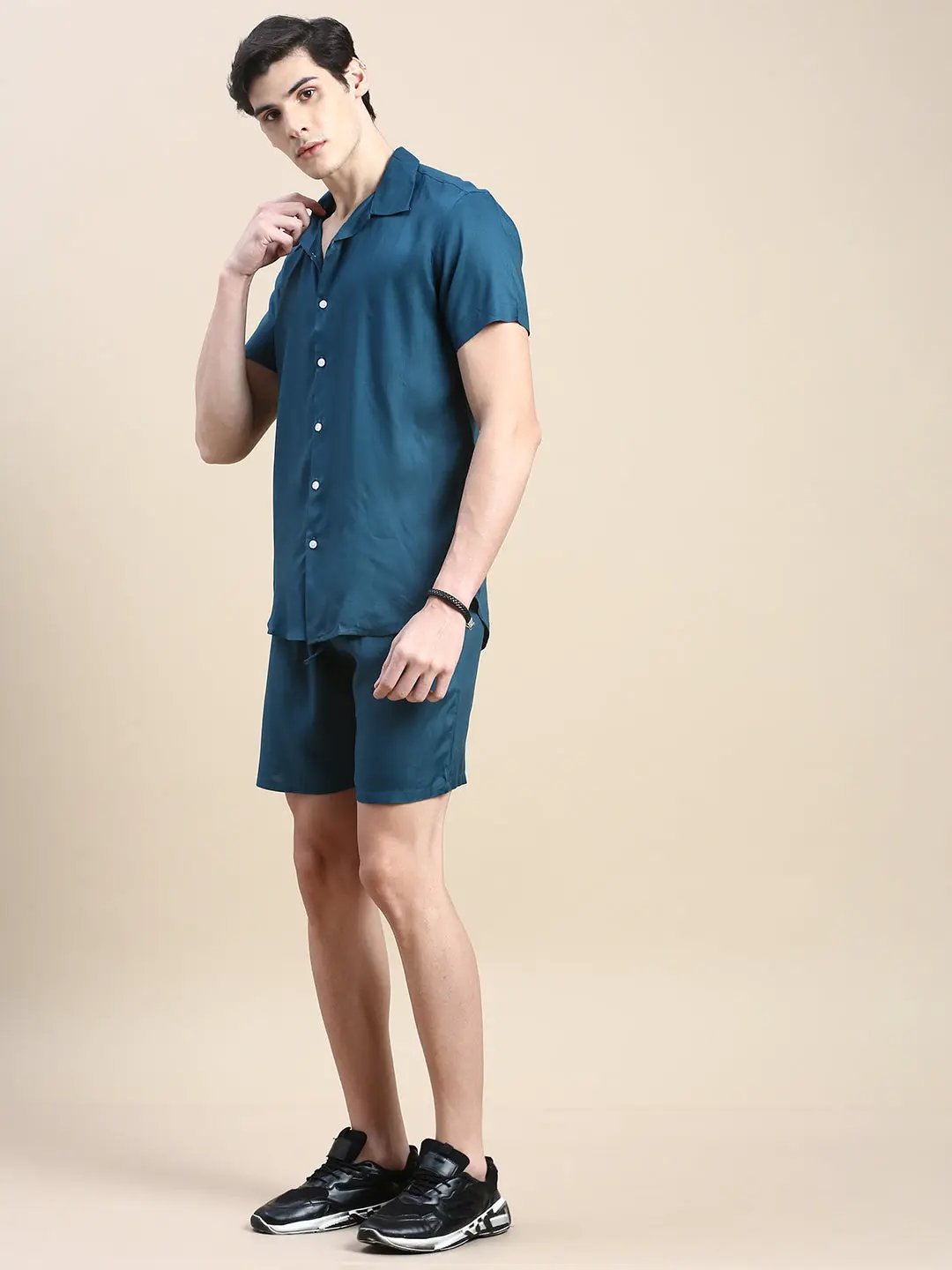 Men's Teal Solid Casual Co-Ords Set