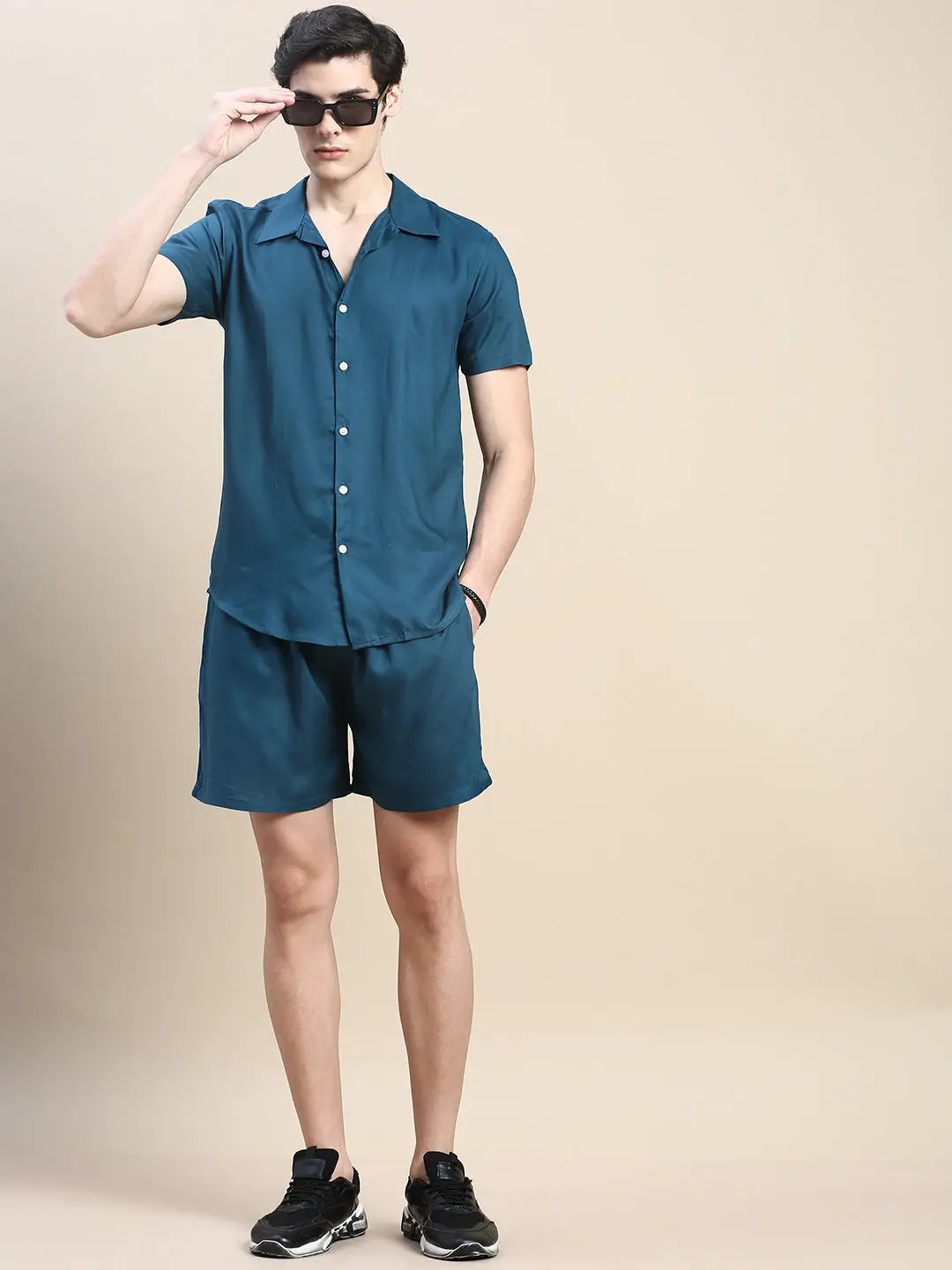 Men's Teal Solid Casual Co-Ords Set