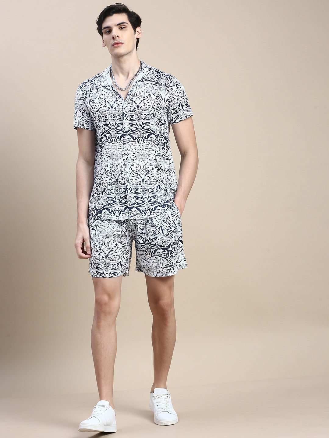 Men White Printed Casual Co ord Set