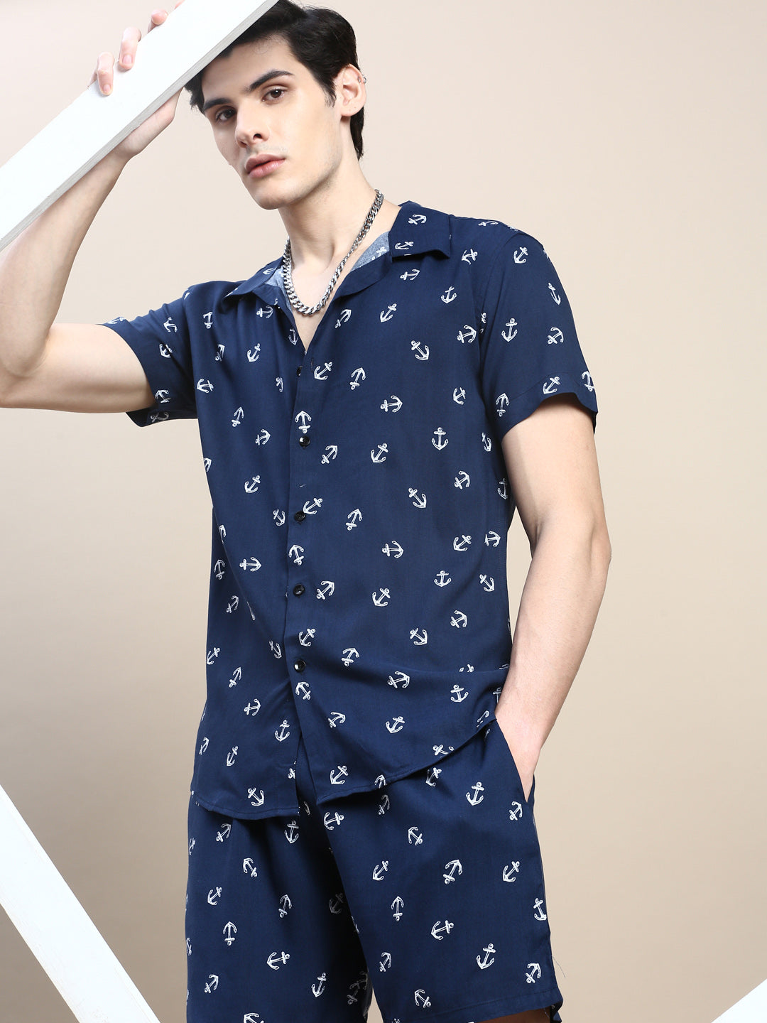 Men Navy Printed Casual Co ord Set