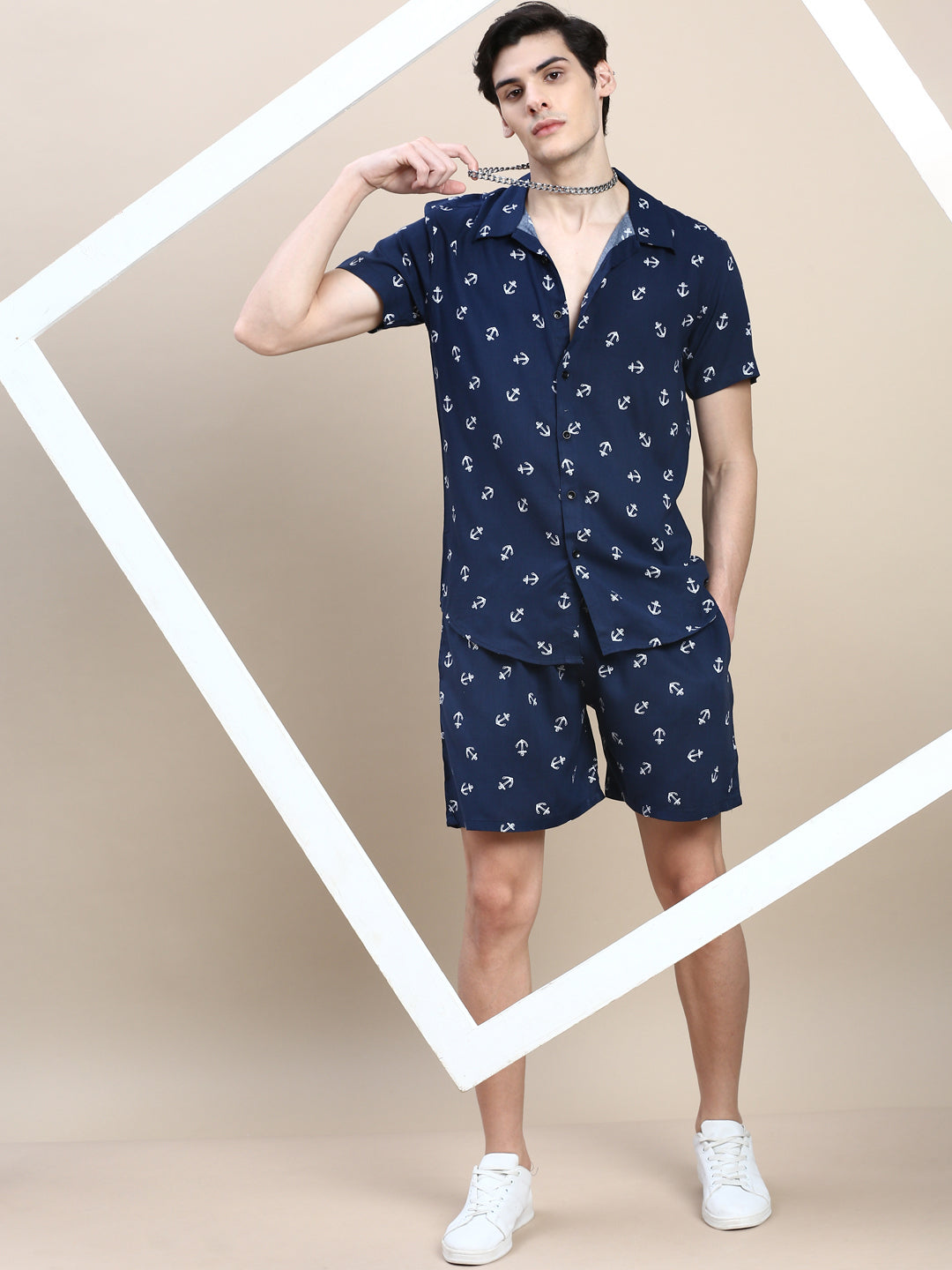 Men Navy Printed Casual Co ord Set