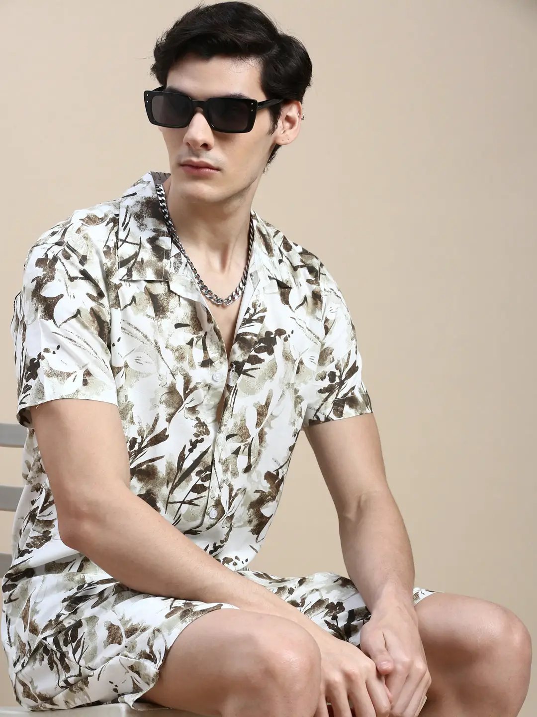 Men's White Printed Casual Co-Ords Set