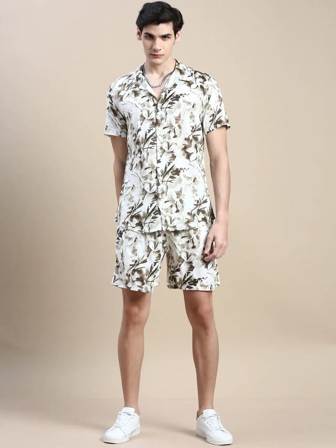 Men's White Printed Casual Co-Ords Set