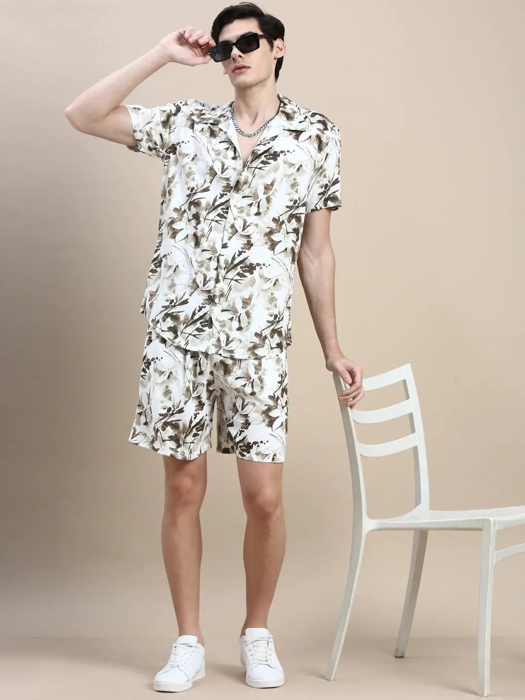 Men's White Printed Casual Co-Ords Set