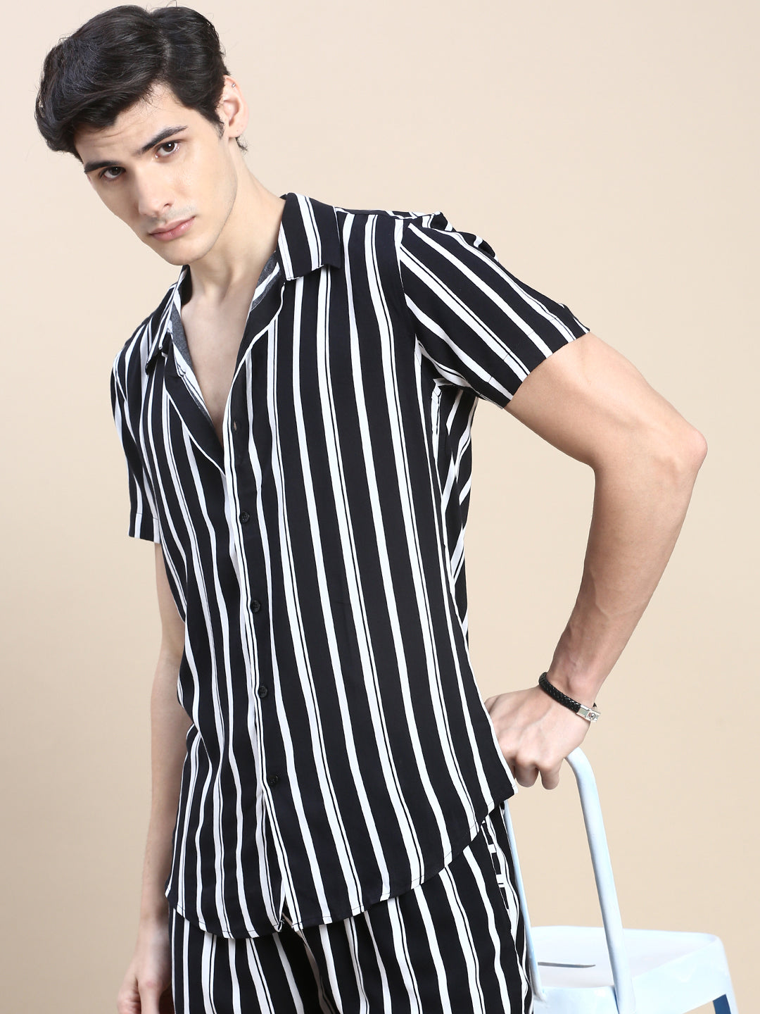 Men Black Striped Casual Co ord Set