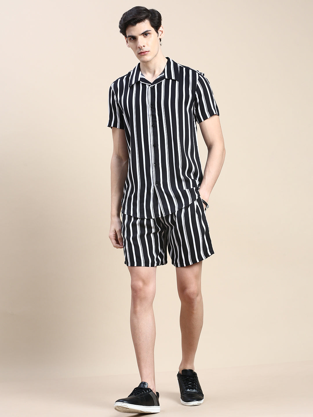 Men Black Striped Casual Co ord Set