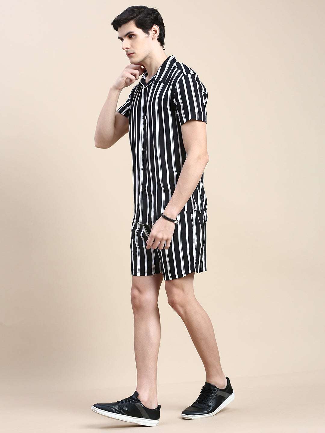 Men Black Striped Casual Co ord Set