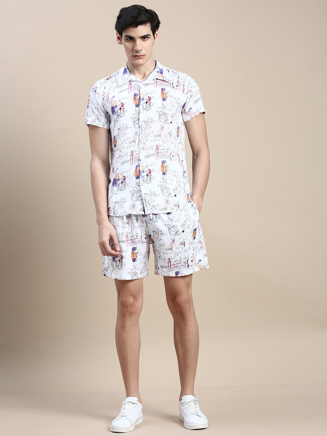 Men White Printed Casual Co ord Set