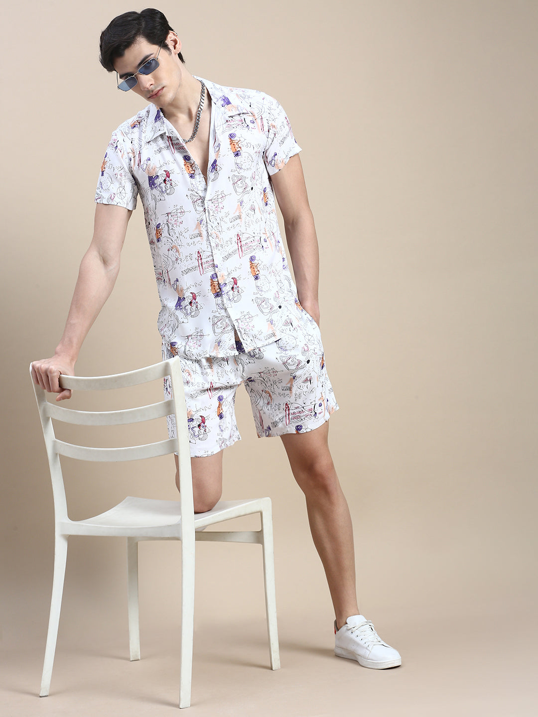 Men White Printed Casual Co ord Set