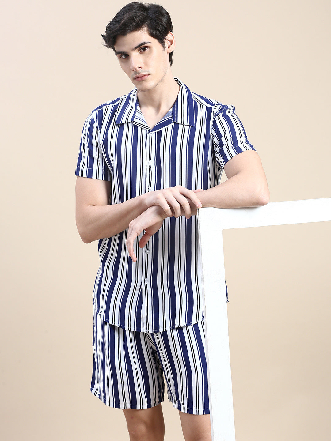 Men Blue Striped Casual Co ord Set