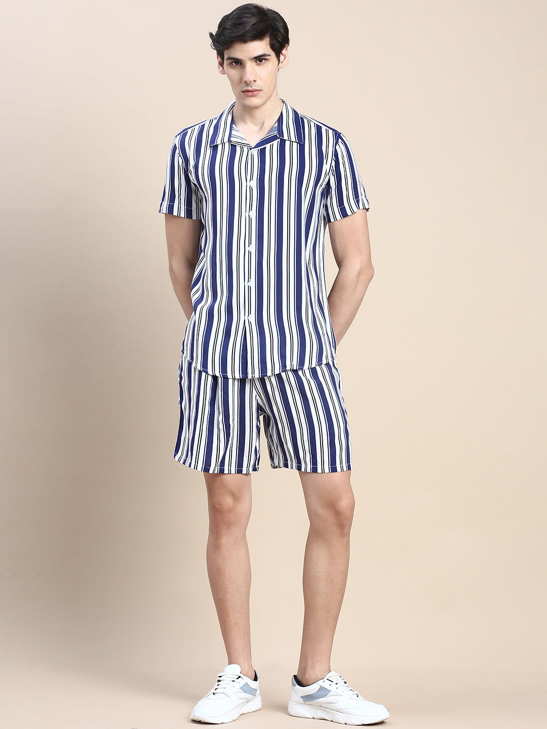 Men Blue Striped Casual Co ord Set