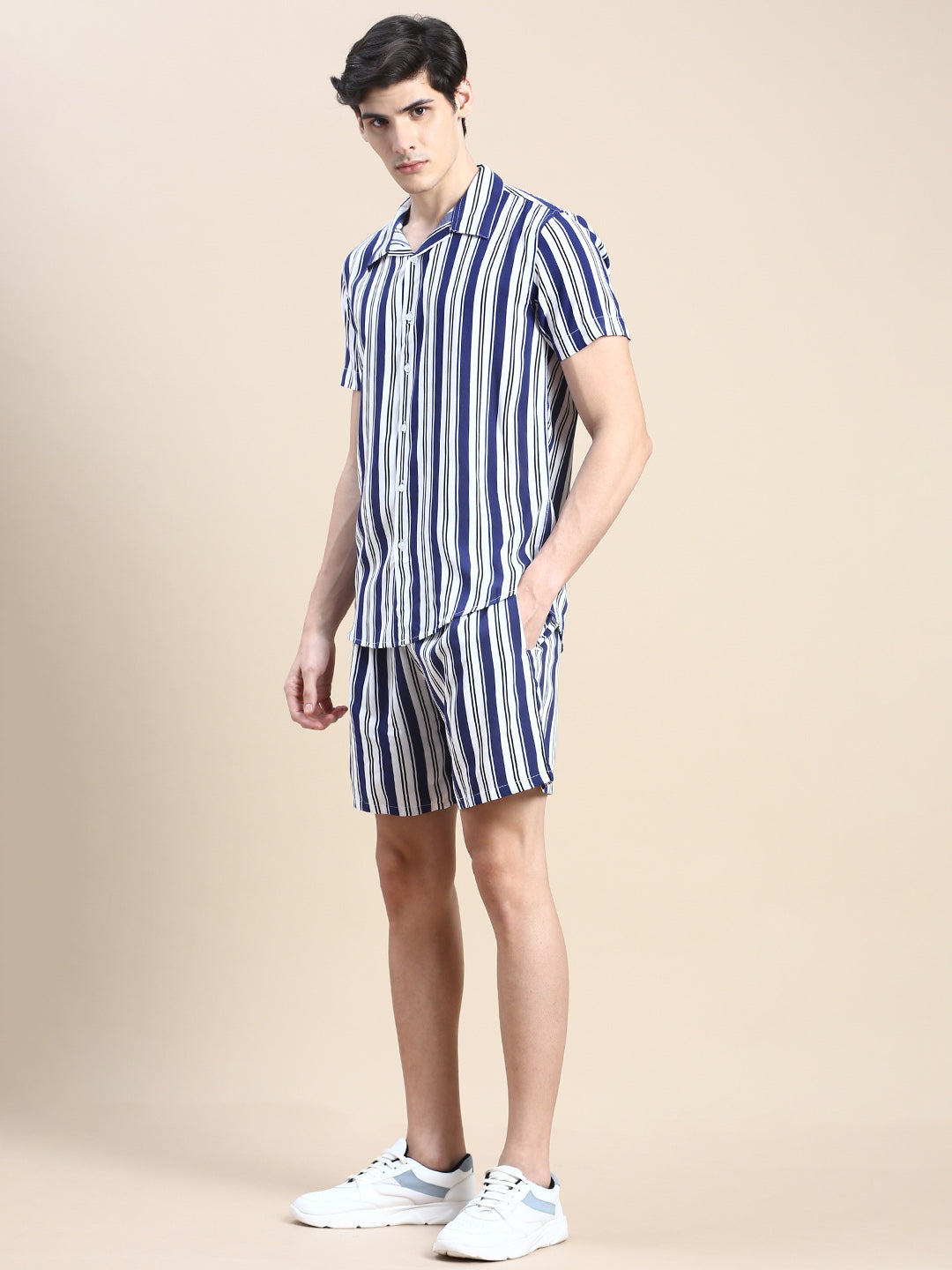 Men Blue Striped Casual Co ord Set