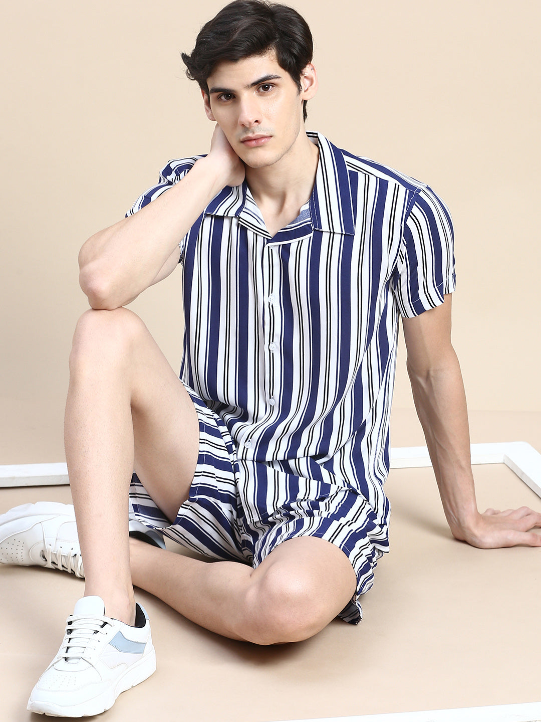 Men Blue Striped Casual Co ord Set