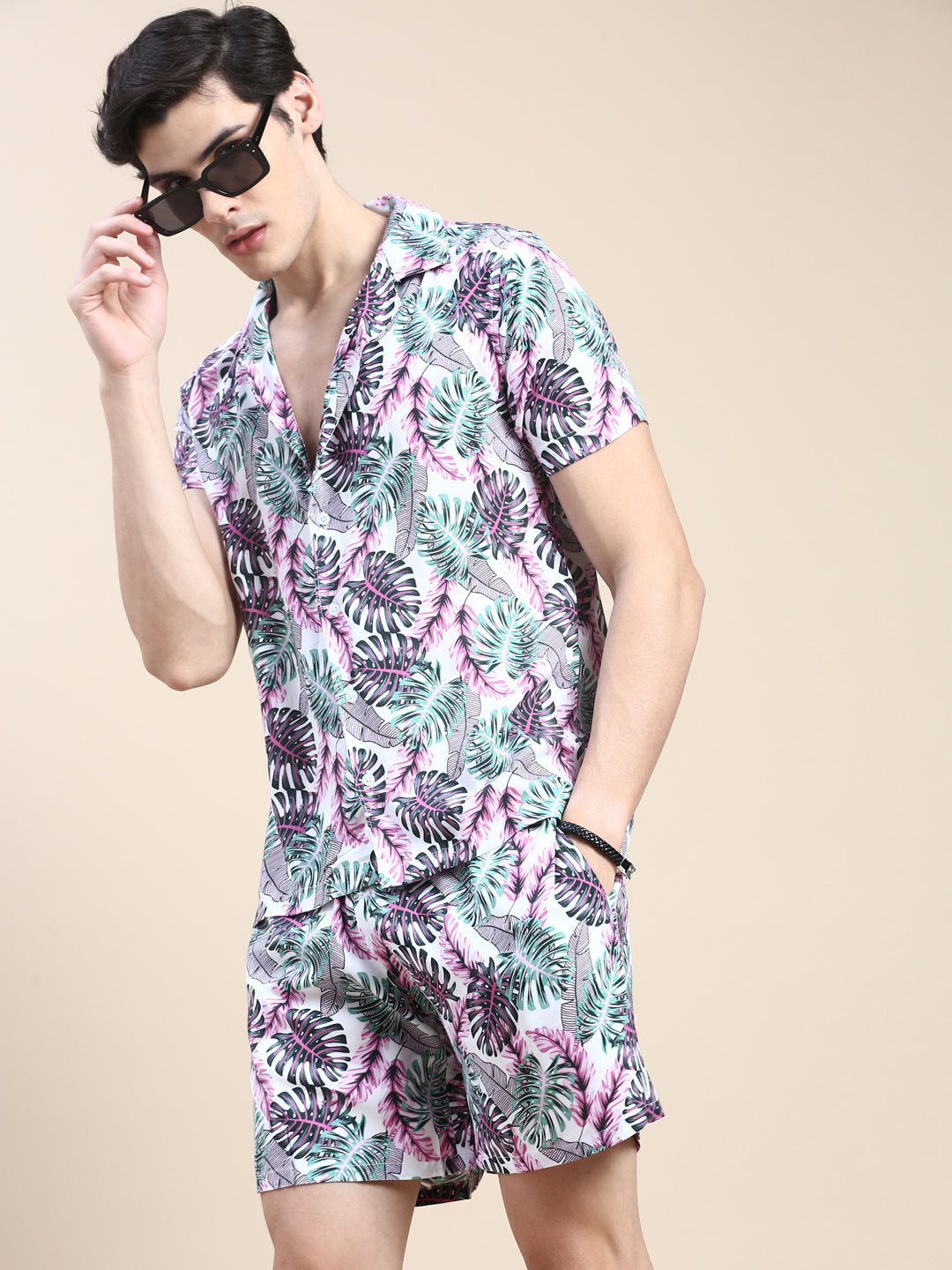 Men White Printed Casual Co ord Set