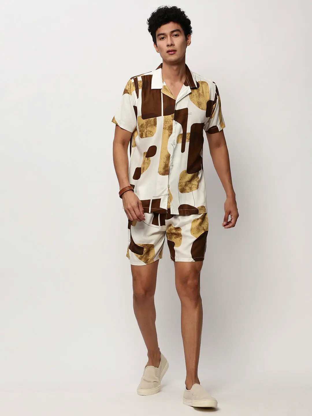 Men's White Printed Casual Co-Ords