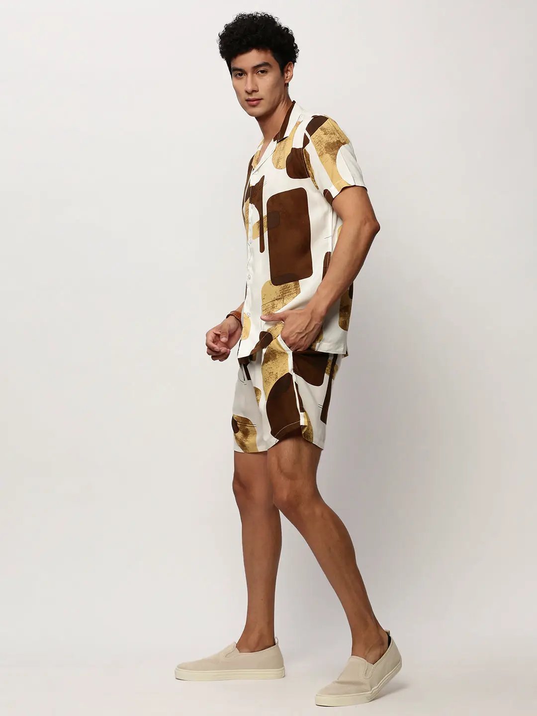 Men's White Printed Casual Co-Ords
