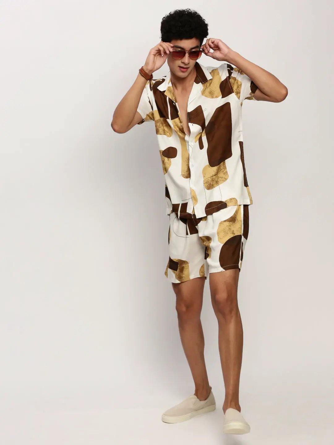 Men's White Printed Casual Co-Ords