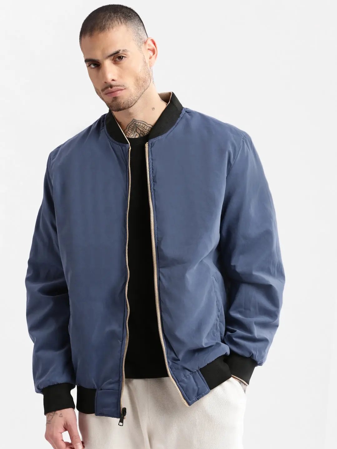 Men's Mandarin Collar Cream Solid Bomber Over sized Reversible Jacket