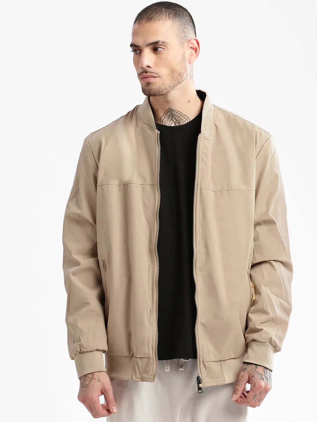Men's Mandarin Collar Cream Solid Bomber Over sized Reversible Jacket