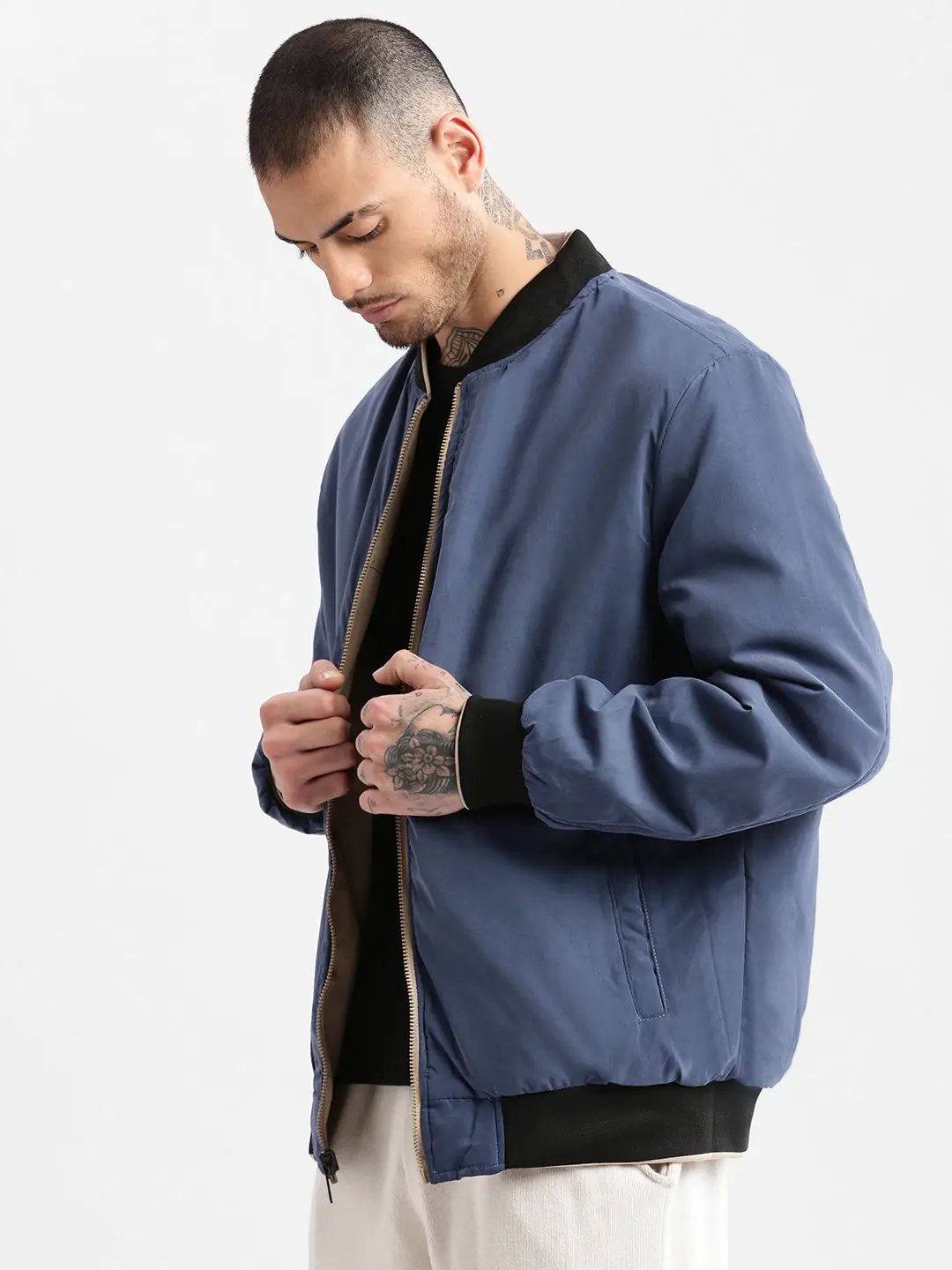 Men's Mandarin Collar Cream Solid Bomber Over sized Reversible Jacket