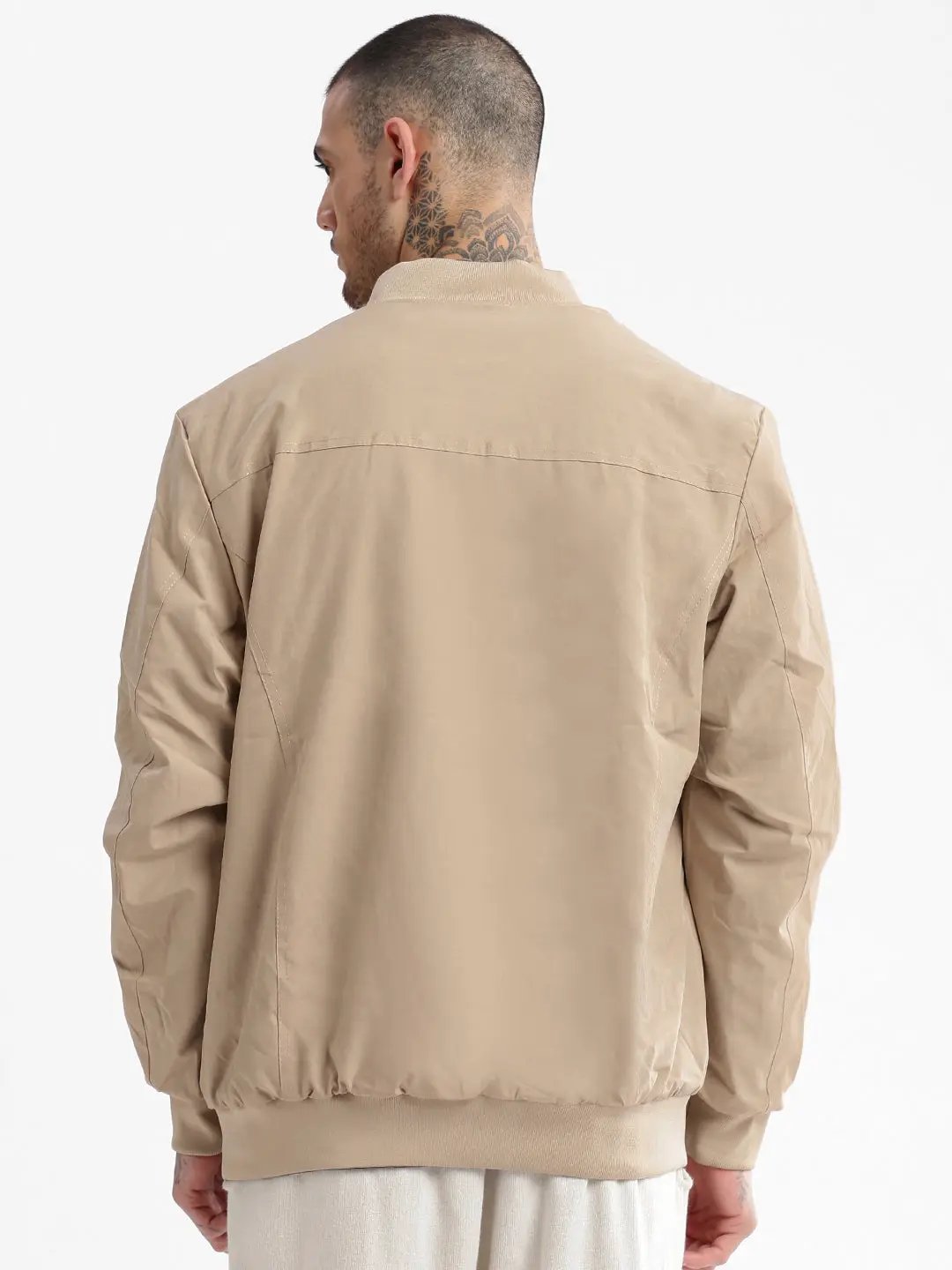Men's Mandarin Collar Cream Solid Bomber Over sized Reversible Jacket