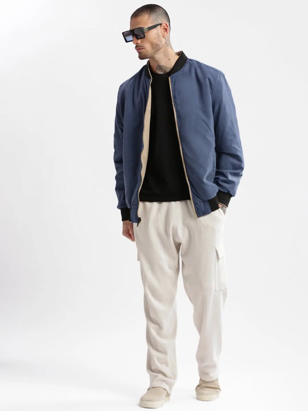 Men's Mandarin Collar Cream Solid Bomber Over sized Reversible Jacket