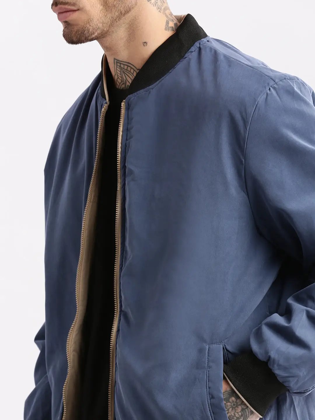 Men's Mandarin Collar Cream Solid Bomber Over sized Reversible Jacket