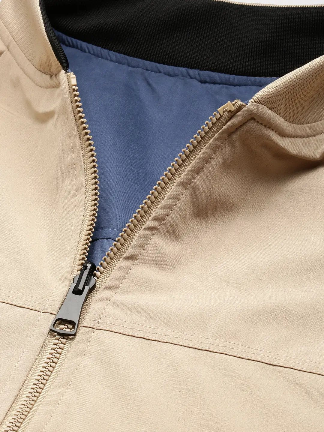 Men's Mandarin Collar Cream Solid Bomber Over sized Reversible Jacket
