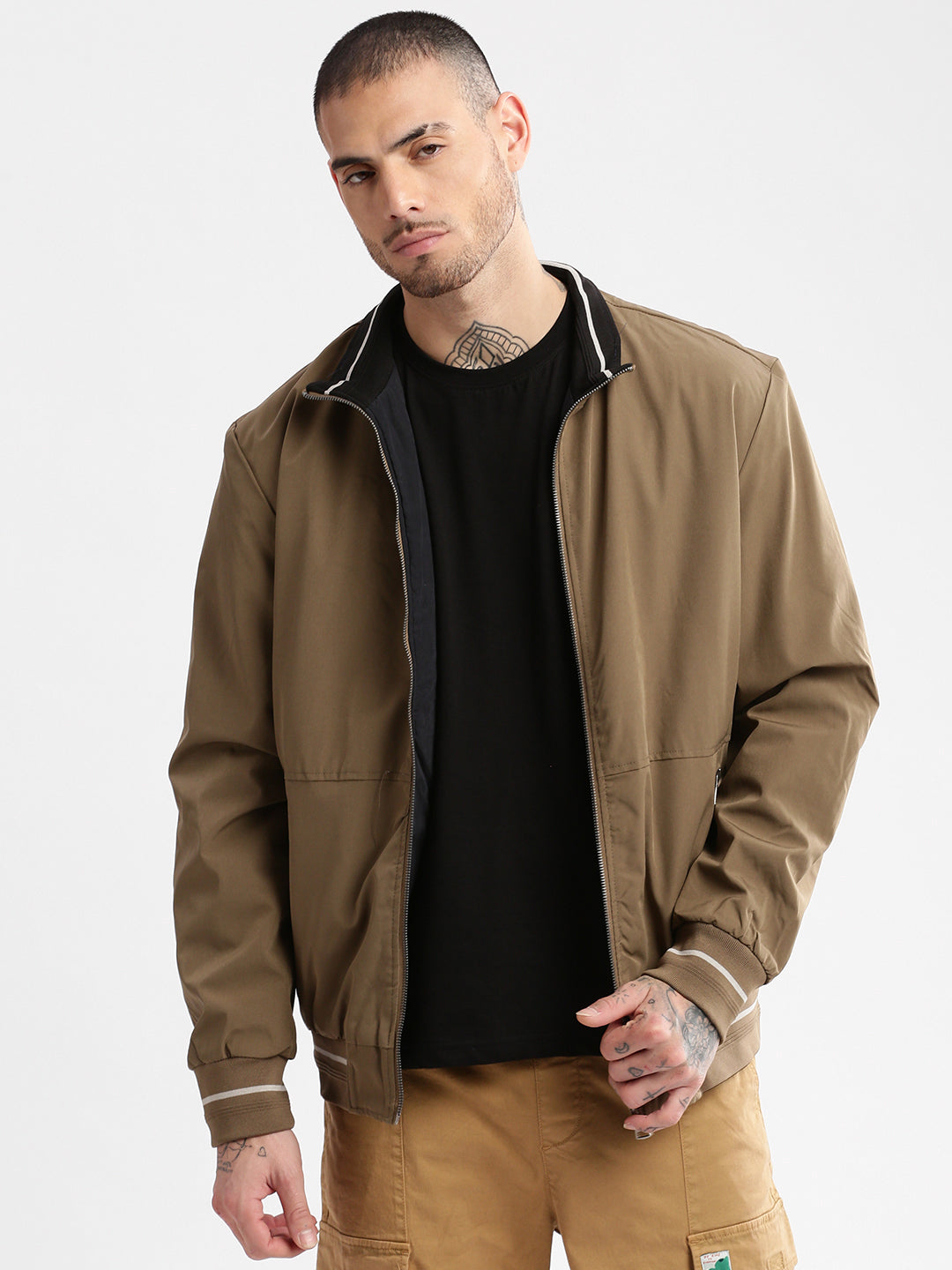 Men Mock Collar Khaki Solid Reversible Bomber Oversized Jacket