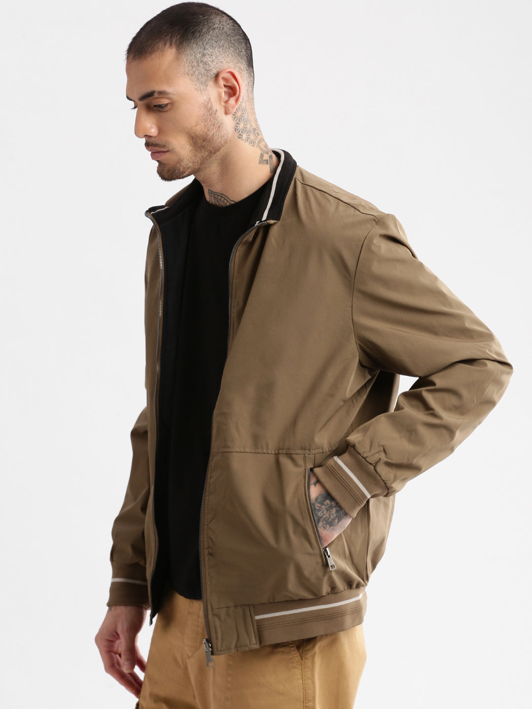 Men Mock Collar Khaki Solid Reversible Bomber Oversized Jacket